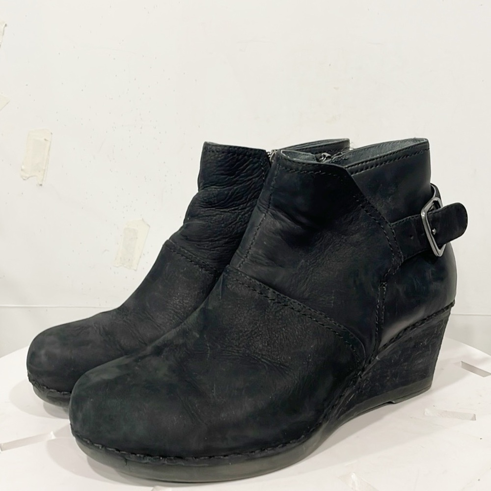 Dansko Women Shirley Bootie Boots Genuine Leather Suede Black Sz 39 Wedge Zip